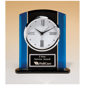 5 1/4" x 6 1/4" Black & Blue Glass Clock, Silver Bezel, Three Hand Movement with Black Plate