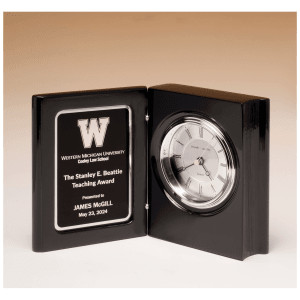 5 3/8" x 4 1/4" Black Piano Finish Book Clock with Diamond Spun Dial, 3 Hand Movement, Black Plate