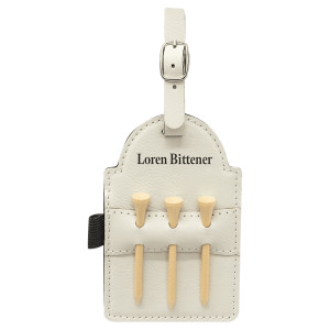 5" x 3 1/4" White Engraved Faux Leather Golf Bag Tag with 3 Wooden Tees