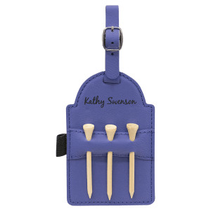 5" x 3 1/4" Purple Engraved Faux Leather Golf Bag Tag with 3 Wooden Tees
