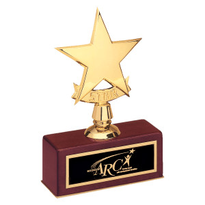 5" x 7 1/2" Polished Metal Goldtone Star Casting on Rosewood Piano Finish Base with Custom Engraved Black Brass Plate