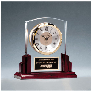 6 5/8" x 6 1/2" Glass Clock with Rosewood High Gloss Base, Black Aluminum Plate