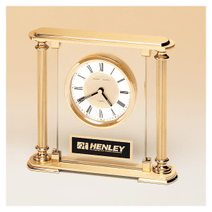 6 5/8" x 7 1/4" Glass Upright with Feet & Top, Metal Goldtone Columns, Diamond Spun Dial, 3 Hands with Black Plate
