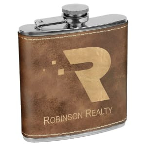 6 oz. Rustic/Gold Engraved Faux Leather Stainless Steel Flask