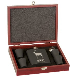 6 oz. Matte Black Custom Engraved Stainless Steel Flask Set in Wood Presentation Box