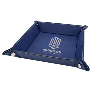 6" x 6" Blue/Silver Engraved Faux Leather Snap Up Tray with Silver Snaps