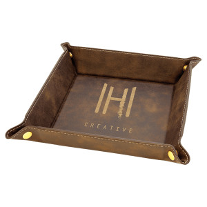 6" x 6" Rustic/Gold Engraved Faux Leather Snap Up Tray with Gold Snaps