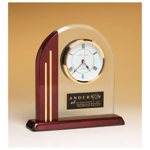 7 1/2" x 7 7/8" Arch Clock with Glass Upright and Rosewood Piano Finish Post and Base with Plate