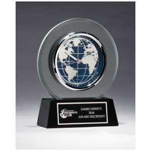 7 1/4" x  8 3/4" Glass Clock with World Dial on Black High Gloss Base, Black Plate