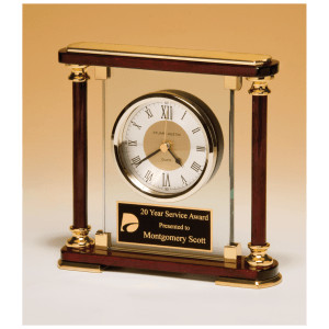 7" x 7" Glass and Rosewood Piano Finish Clock with  Gold Metal Accents and Black Plate
