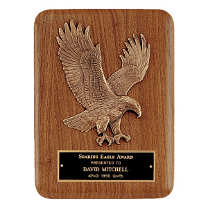 7" x 9" Solid American Walnut Plaque with Finely Detailed Eagle Relief and Black Custom Engraved Brass Plate