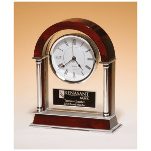 8 1/2" x 10 1/2" Rosewood Piano Finish Mantle Clock, Chrome Plated Posts, Silver Accents with Black Plate