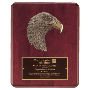 10 1/2" x 13" Rosewood Piano Finish Plaque with Finely Detailed Bronze Eagle Head Casting with Black Custom Engraved Brass Plate