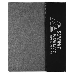 9 1/2"x12" Black/Silver Engraved Faux Leather / Gray Canvas Portfolio w/Notepad