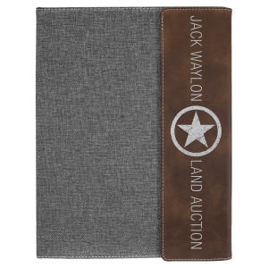 9 1/2"x12" Rustic/Silver Engraved Faux Leather/Gray Canvas Portfolio w/Notepad