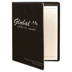 9 1/2" x 12" Black/Silver Engraved Faux Leather Portfolio with Notepad