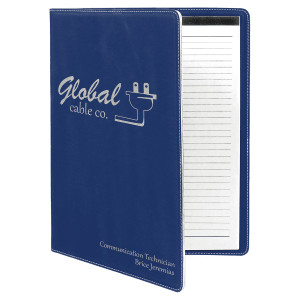 9 1/2" x 12" Blue/Silver Engraved Faux Leather Portfolio with Notepad