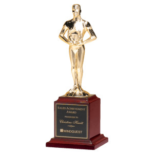 9" Cast Metal Goldtone Finish Classic Achiever Figure on a Rosewood Piano Finish Base with a Black Custom Engraved Plate