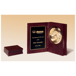 9" x 6 3/4" Hand Rubbed Mahogany Finish Book Clock, Diamond Spun Dial, 3 Hand Movement, Black Custom Engraved Plate