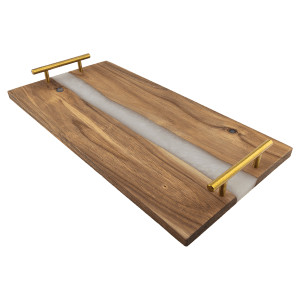 18" x 9" Acacia Serving Tray with White Pearl Resin and Gold Handles