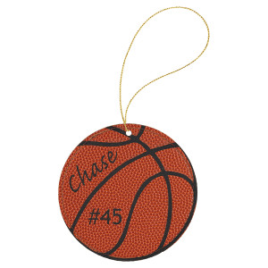 Basketball Engraved Faux Leather Round Ornament with Gold String