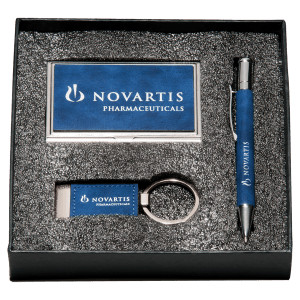 Blue Marbleized Leather Gift Set/Pen, Keychain, Business Card Holder