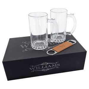 Lazerburst Beer Set with Two 14 oz. Mugs and One Rawhide Engraved Faux Leather Bottle Opener