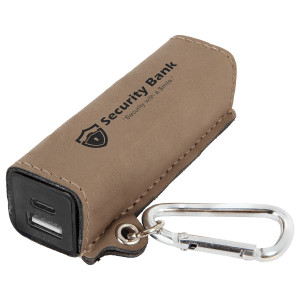 Light Brown Engraved Faux Leather 2200 mAh Power Bank with USB-C Cord