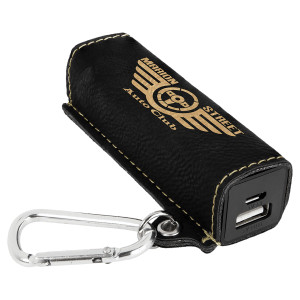 Black/Gold Engraved Faux Leather 2200 mAh Power Bank with USB Cord