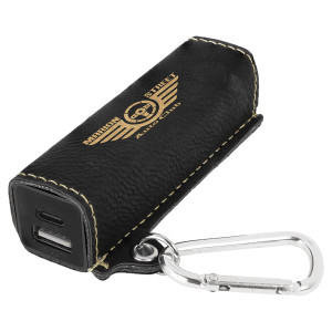 Black/Gold Engraved Faux Leather 2200 mAh Power Bank with USB-C Cord