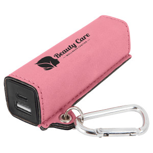 Pink Engraved Faux Leather 2200 mAh Power Bank with USB-C Cord