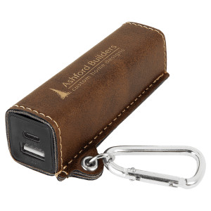Rustic/Gold Engraved Faux Leather 2200 mAh Power Bank with USB-C Cord