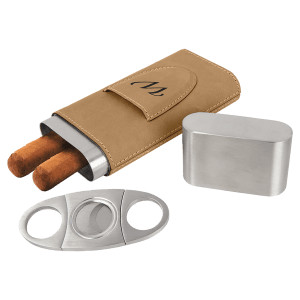 Light Brown Engraved Faux Leather Cigar Case with Cutter