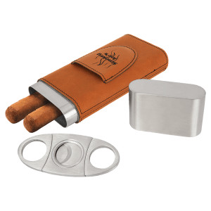 Rawhide Engraved Faux Leather Cigar Case with Cutter