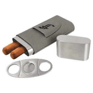 Gray Engraved Faux Leather Cigar Case with Cutter
