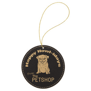 Black/Gold Engraved Faux Leather Round Ornament with Gold String