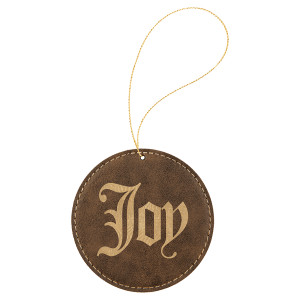 Rustic/Gold Engraved Faux Leather Round Ornament with Gold String