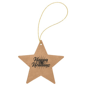 Light Brown Engraved Faux Leather Star Ornament with Gold String