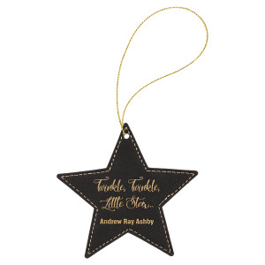 Black/Gold Engraved Faux Leather Star Ornament with Gold String