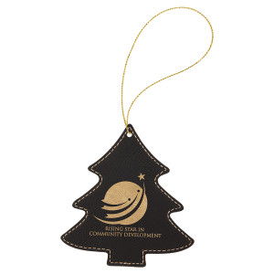 Black/Gold Engraved Faux Leather Tree Ornament with Gold String