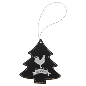 Black/Silver Engraved Faux Leather Tree Ornament with Silver String