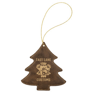 Rustic/Gold Engraved Faux Leather Tree Ornament with Gold String