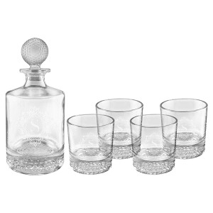 Polar Camel 850mL Round Golf Glass Decanter Set with Four 9 oz. Golf Rocks Glasses in Black Gift Box with Printed Paper Sleeve