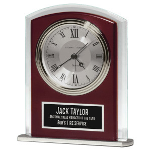Rosewood Matte Finish Clock, Beveled Glass with Wood Accent, Silver Bezel and 3 Hand Movement, Black Plate