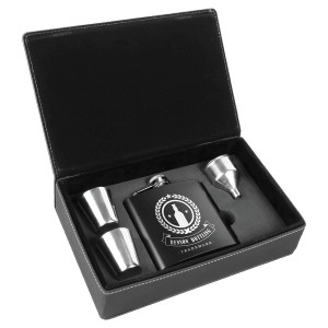 6 oz. Black Stainless Steel Flask Set in Black/Silver Engraved Faux Leather Box