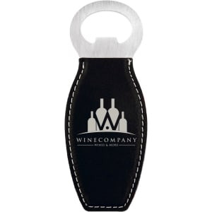 Black/Silver Engraved Faux Leather Bottle Opener with Magnet