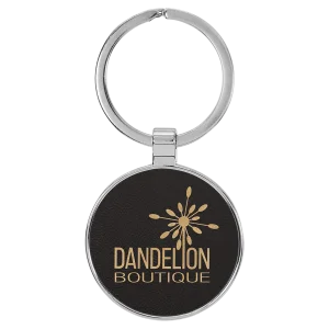 1 1/2" Engraved Faux Leather/Metal Black/Gold Round Keychain
