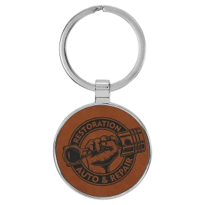 1 1/2" Engraved Faux Leather/Metal Rawhide Round Keychain