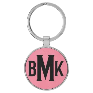 1 1/2" Engraved Faux Leather/Metal Pink Round Keychain