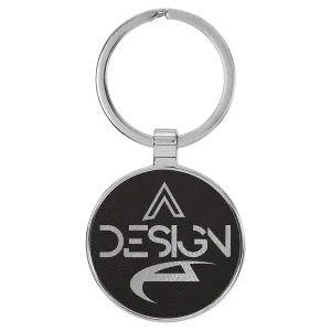 1 1/2" Engraved Faux Leather/Metal Black/Silver Round Keychain